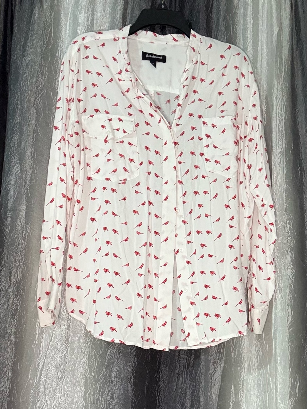 Betabrand White Button-Down Shirt with Red Bird Print